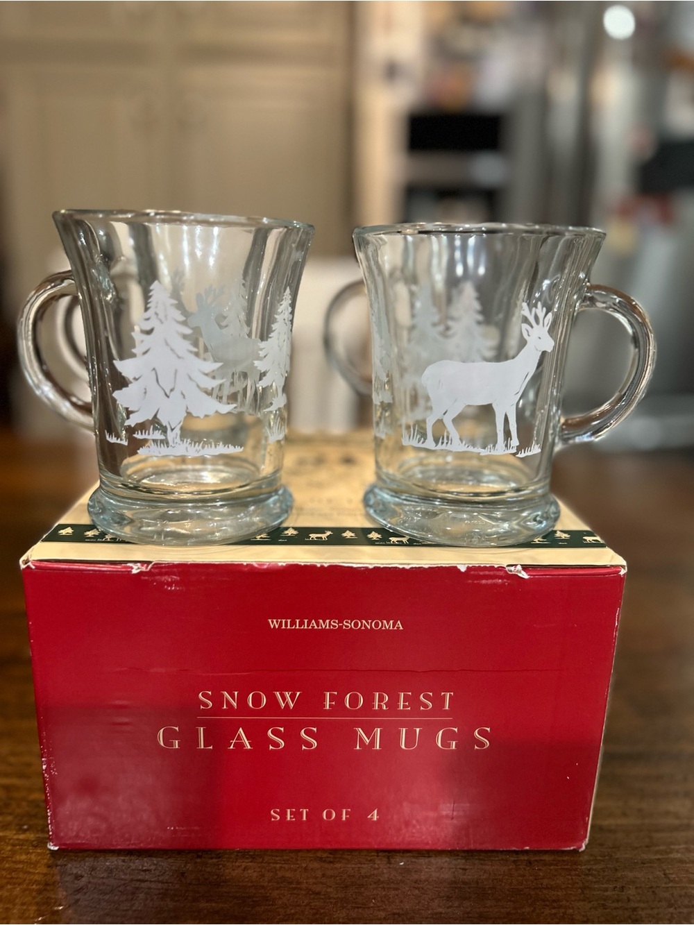4~Williams-Sonoma Snowy Forest 16 Oz. Footed Glass Cocoa/Coffee/Tea Mugs Winter